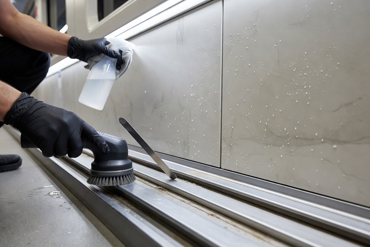 Detailed specialist cleaning of railway seat runners and composite wall panels