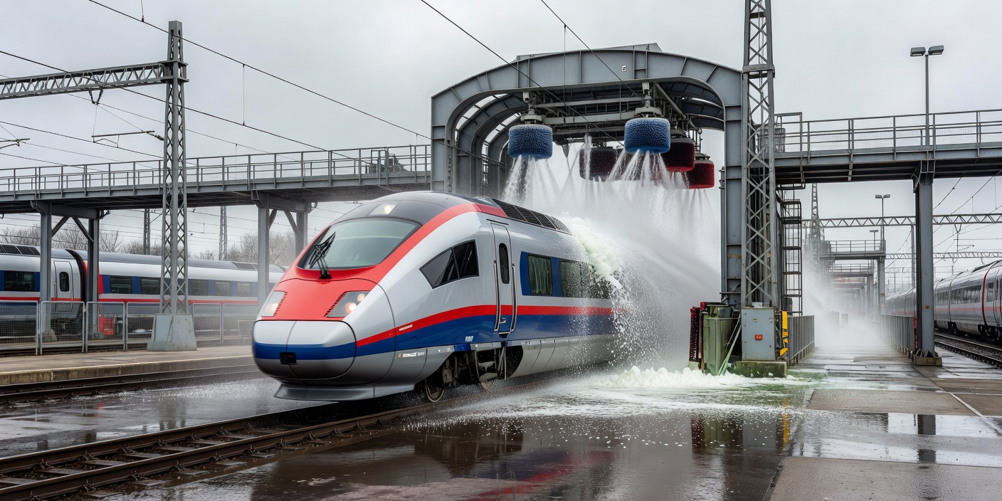 High speed trainset entering an exterior wash plant gantry at a European railway maintenance facility