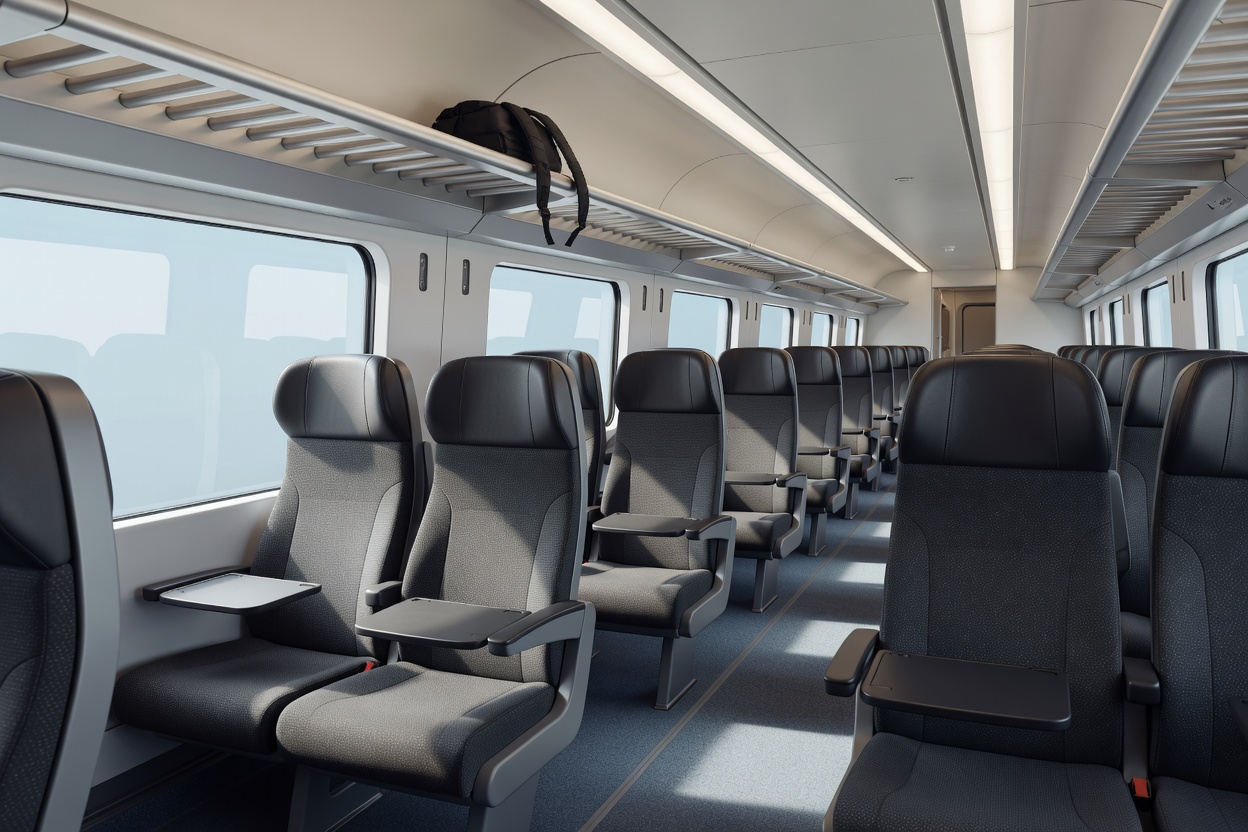 Interior view of contemporary passenger train seating and overhead luggage racks