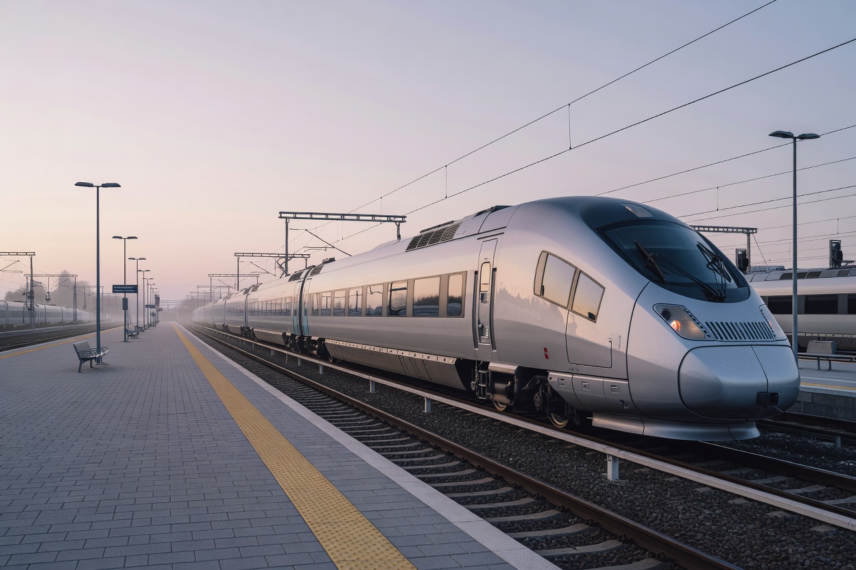 Modern European passenger train carriage stationed at an early-morning platform depot