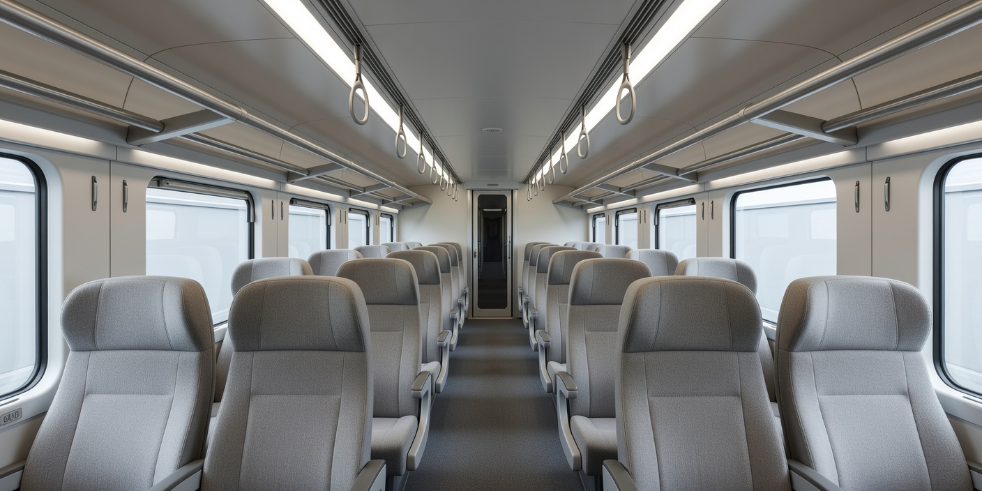 Modern intercity passenger carriage interior with clean wool upholstery, polished grab handles and empty central aisle
