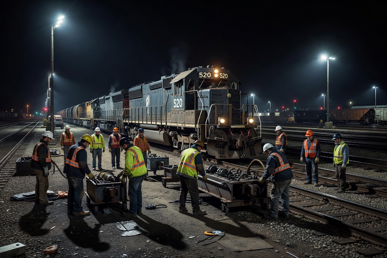 Nighttime railway depot siding with ground crews staging turnaround equipment