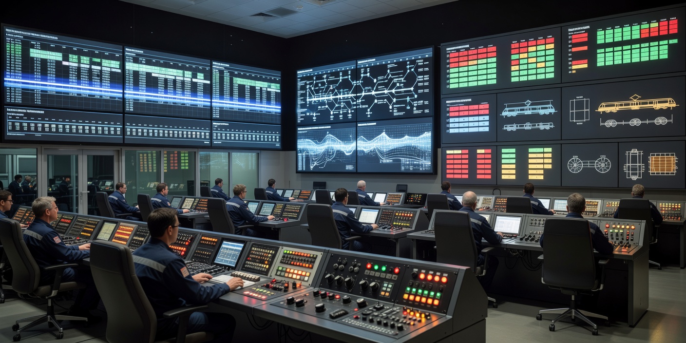 Rail fleet control room showing timetables and rolling stock maintenance rosters