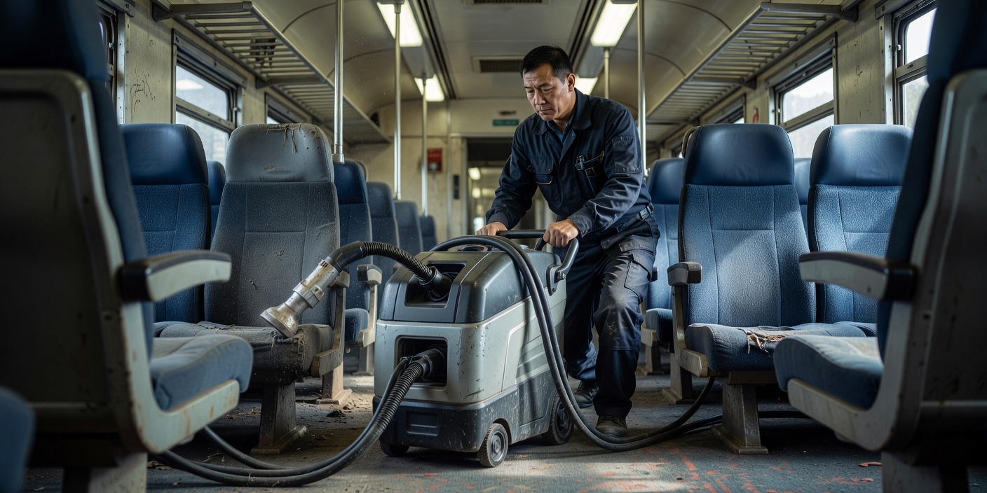 Specialist railway cleaning technician using extraction equipment inside a stabled passenger railcar