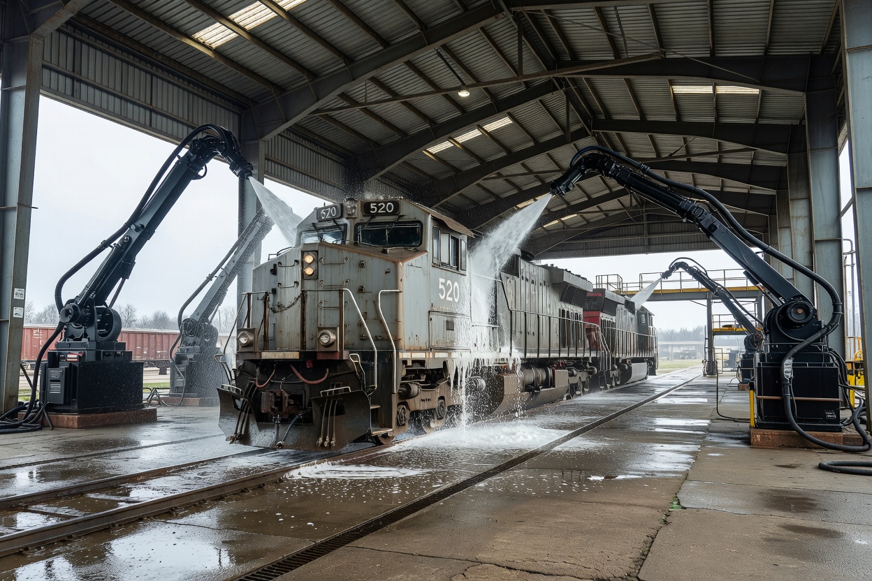 Train rolling into an exterior maintenance bay wash installation