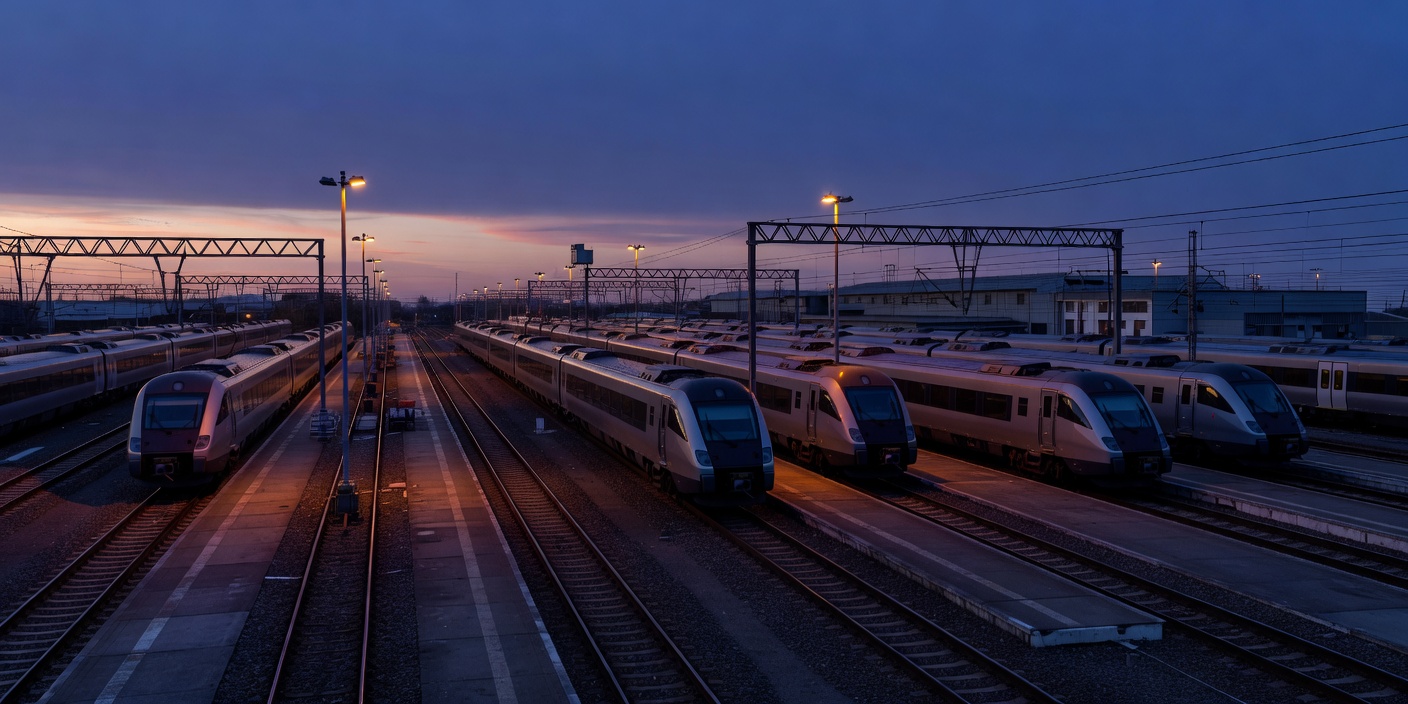 Twilight railway depot stabling yard with passenger trains parked along maintenance sidings